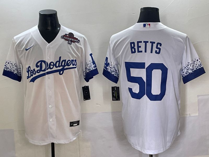 Men Los Angeles Dodgers #50 Betts White blue City Edition Nike MLB Jersey style 5